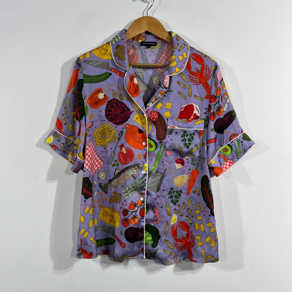 Karen Mabon Novelty Kitchen Print Pajama Top Short Sleeve Button Down Size S